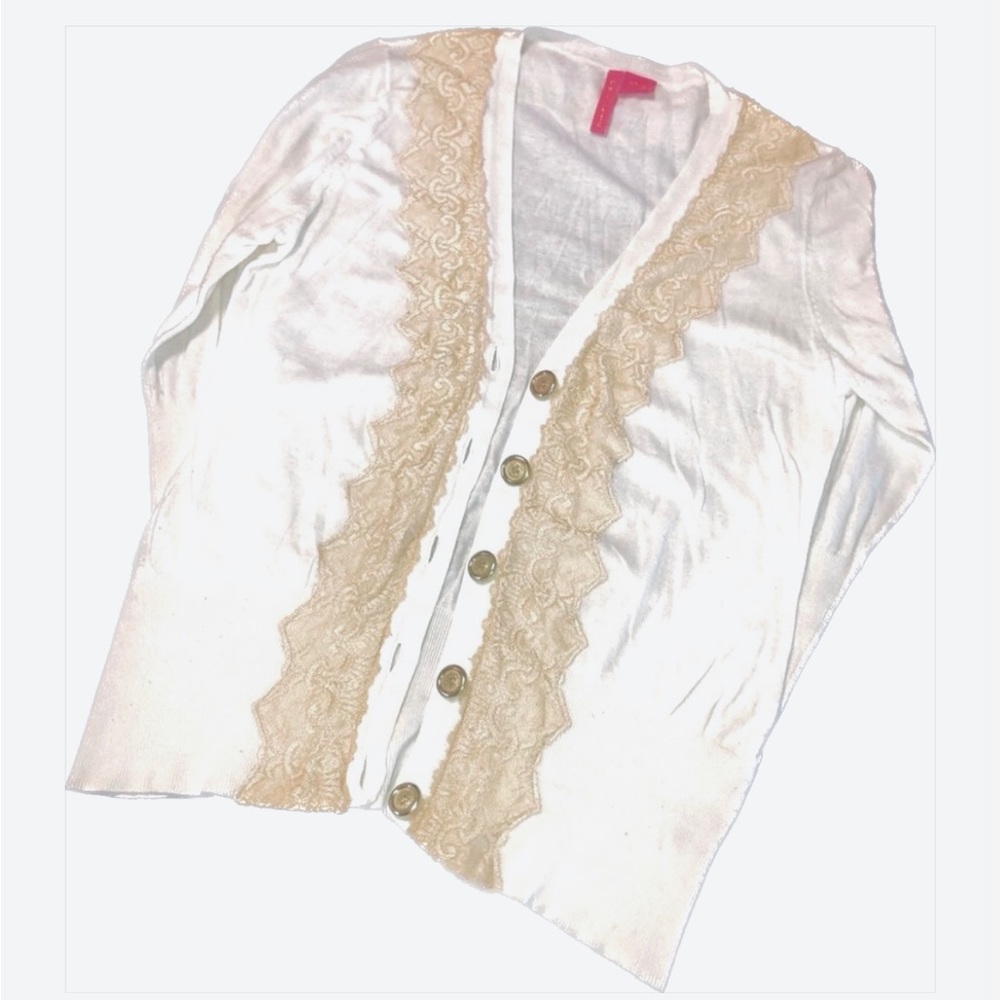 Charlotte Tarantola White V-neck Lace Trim Gold Button Cardigan